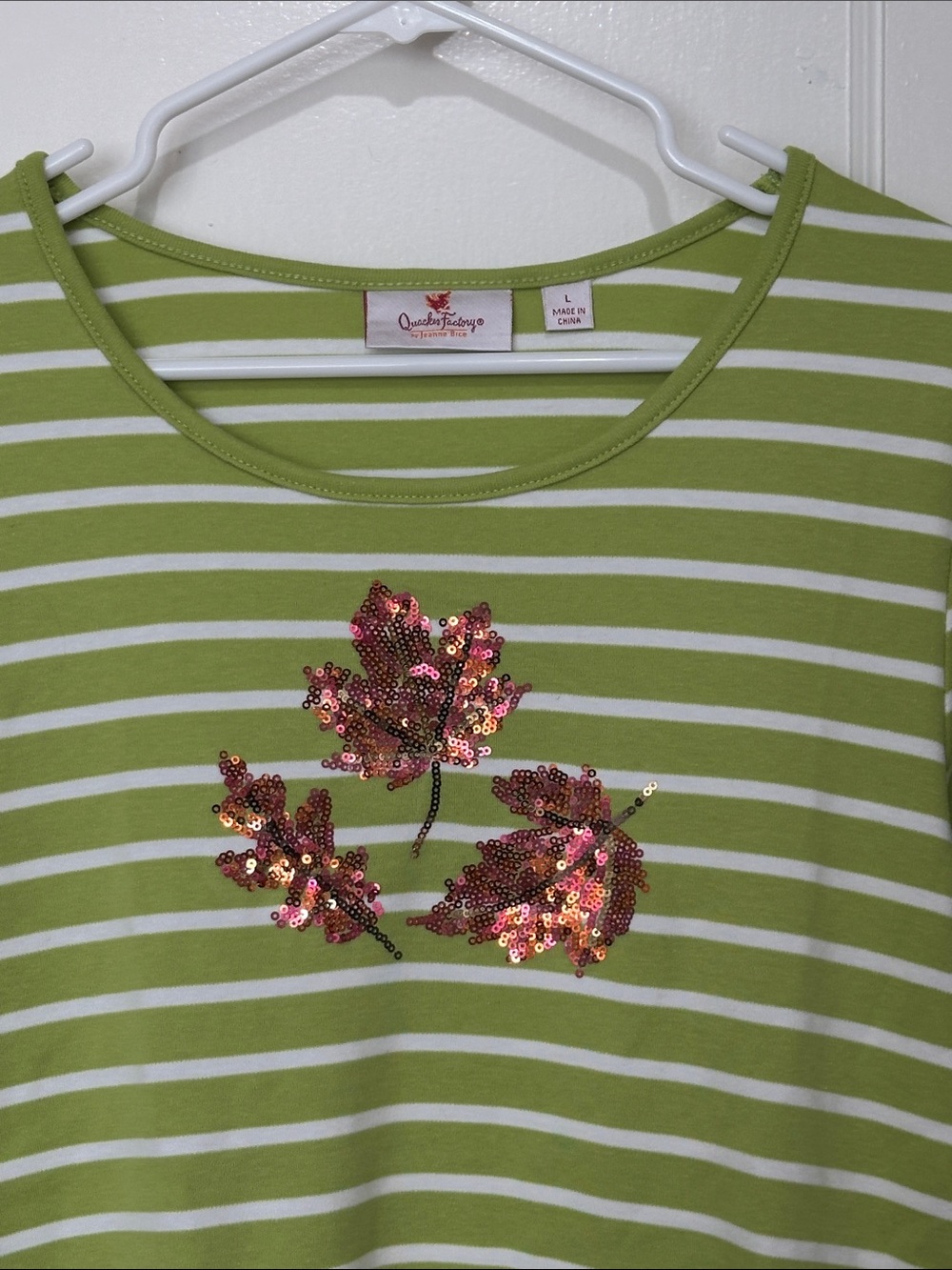 Quacker Factory Green & White Striped Top with Sequin Leaf Motif - Picture 2 of 4